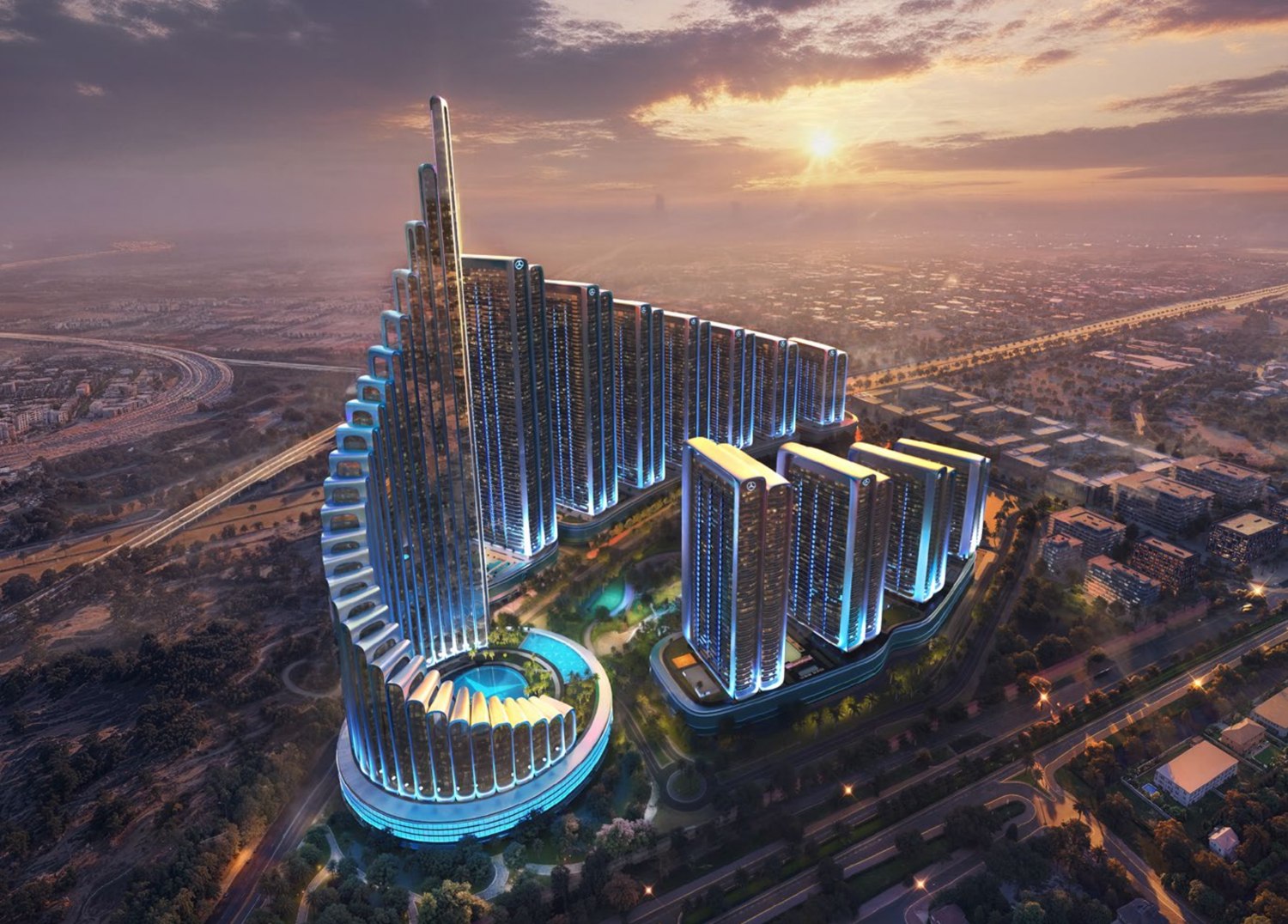Mercedes-Benz Places Binghatti City in Nad Al Sheba aus der Luft, zwölf Türme bei Sonnenuntergang (Visualisierung Binghatti)