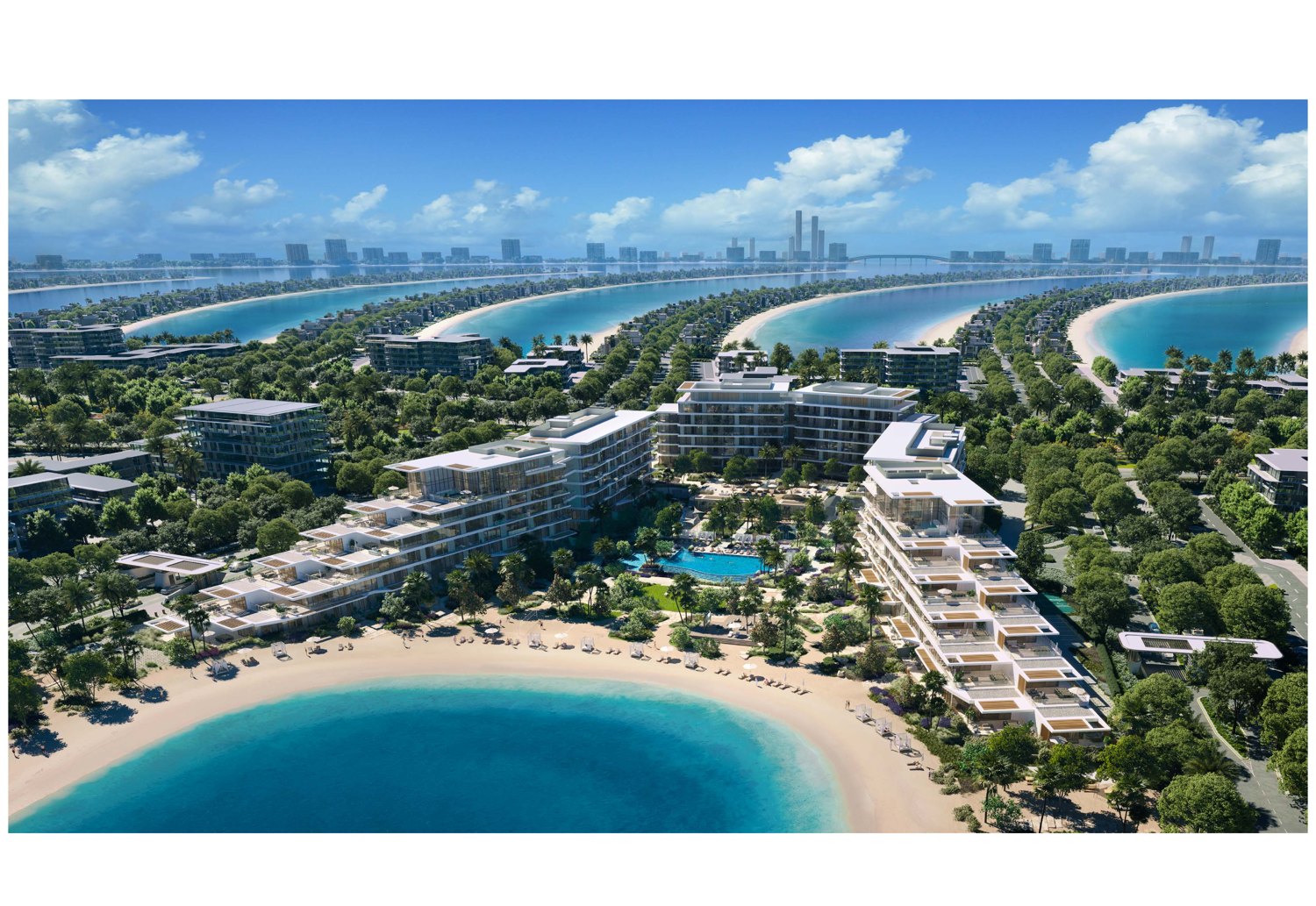 Palm Central Private Residences auf Palm Jebel Ali aus der Luft, mit Strand und Lagune (Visualisierung Nakheel)