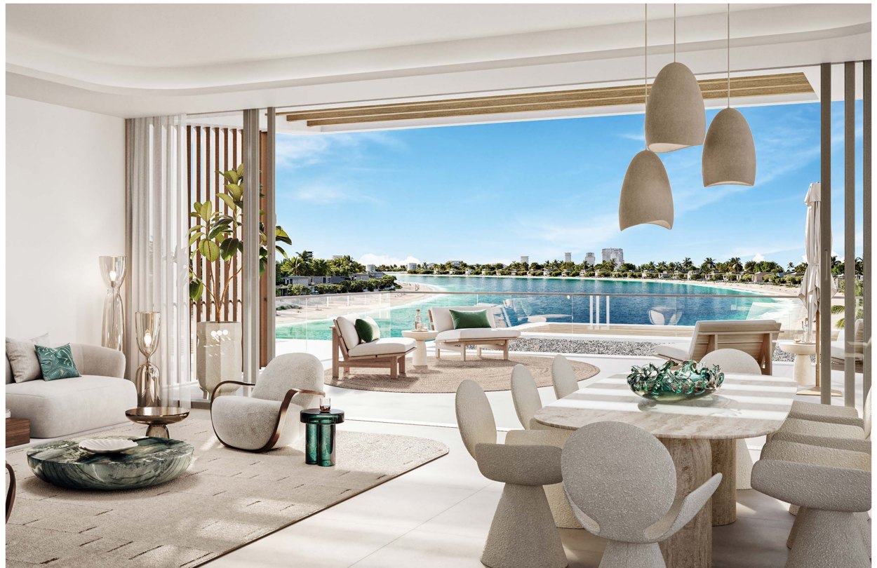 Wohn- und Essbereich eines Apartments mit drei Schlafzimmern in Palm Central mit Blick zum Wasser (Visualisierung Nakheel)