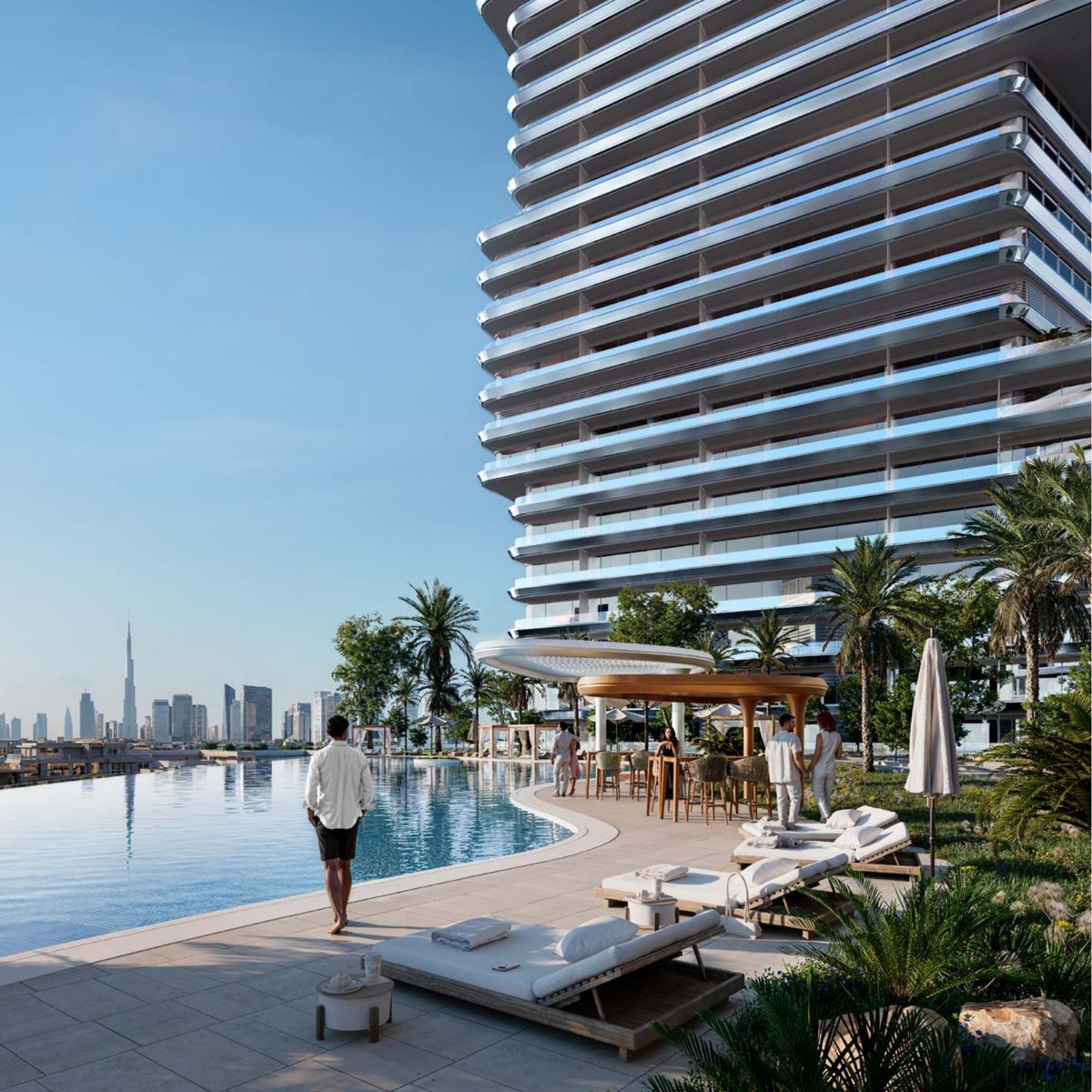 Poolterrasse von Binghatti SkyTerraces mit Blick auf den Burj Khalifa (Visualisierung Binghatti)
